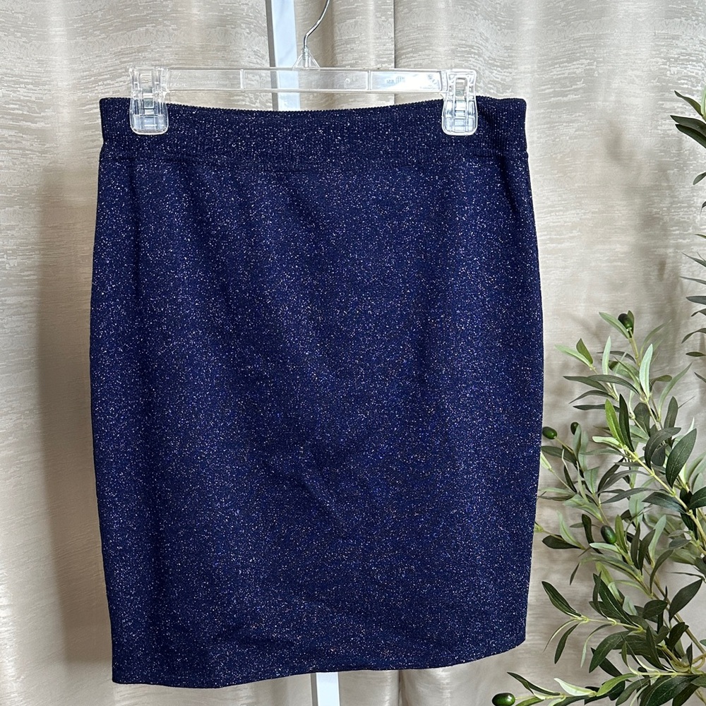 Vintage Escada dark blue virgin wool silver sparkly mini skirt w elastic waist